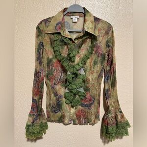 Vintage‎ MK Solo Ruffle Flounce Sleeves Size large Chiffon Metallic Lace Paisley